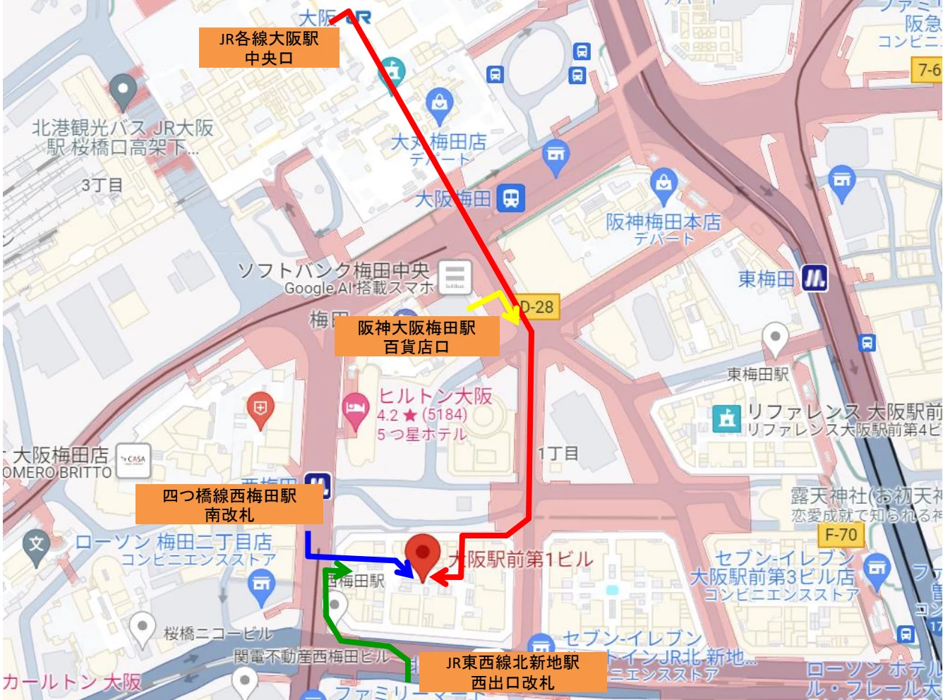 会場の地図。JR大阪駅・北新地駅・西梅田駅から大阪駅前第1ビルまでの道順が、赤・緑・青の線で示されています